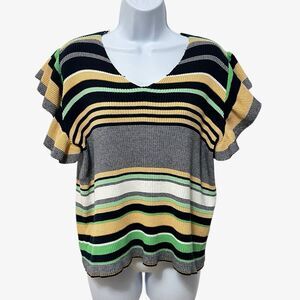 THML Womens Rib Knit Short Sleeve Sweater Size M Yellow and Blue Relaxed Fit